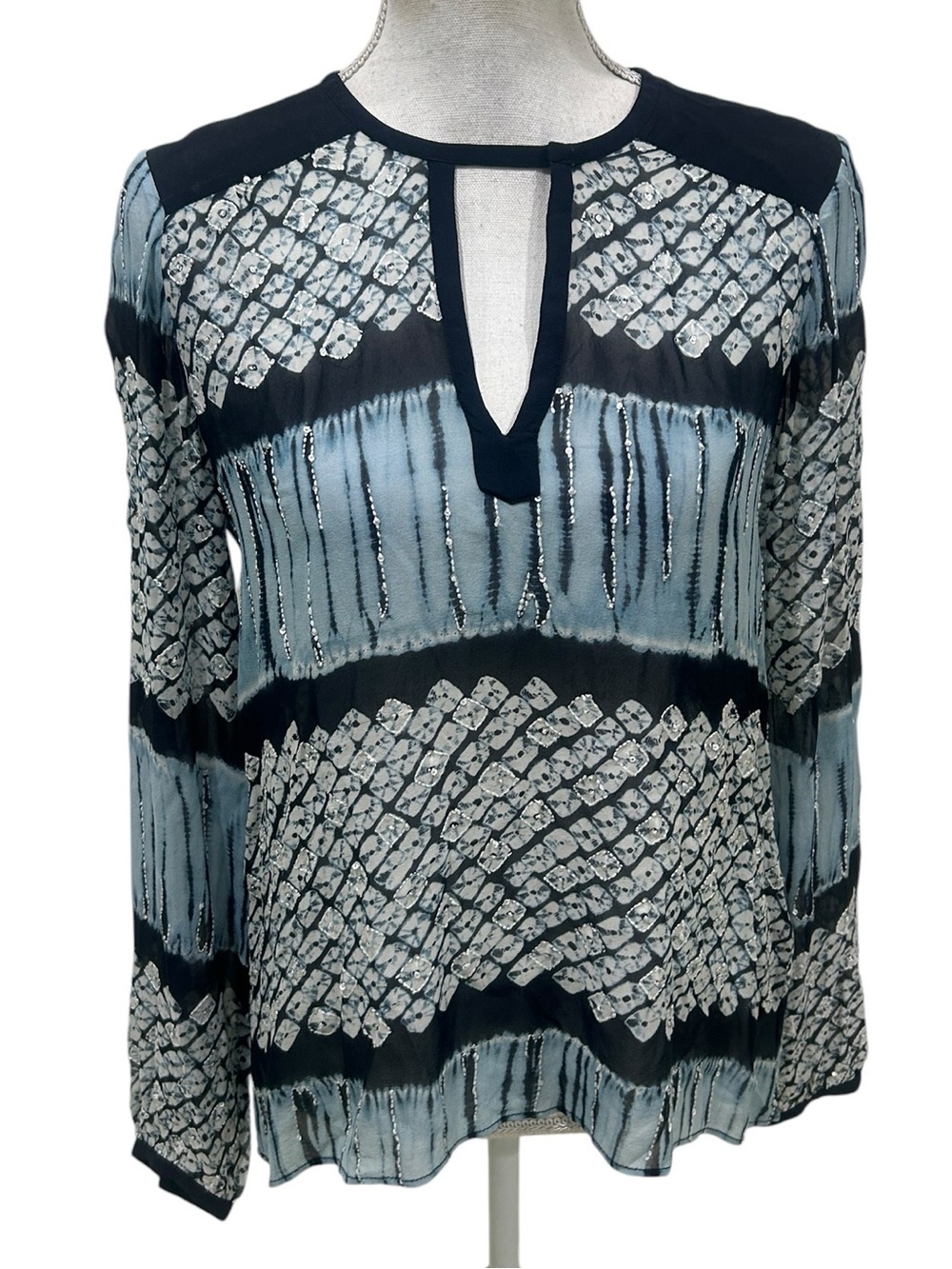Calypso St. Barth silk Blue & navy mixed pattern Keyhole sheer Blouse size xs
